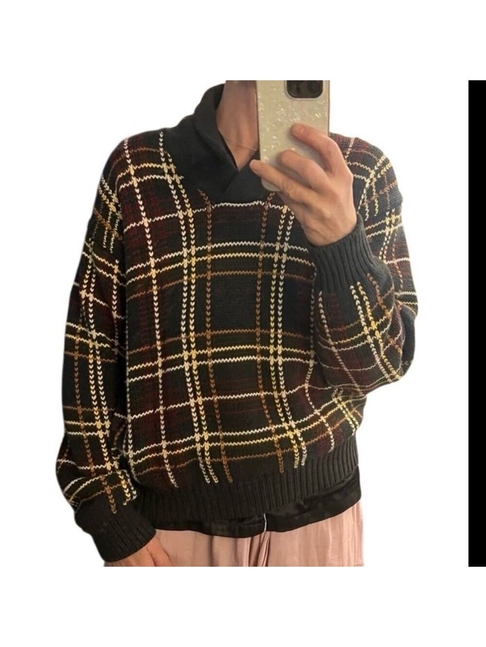 Babe Didrikson Plaid Shawl Neck 1/4 Sweater pullover Black Brown Cotton Vtg  L